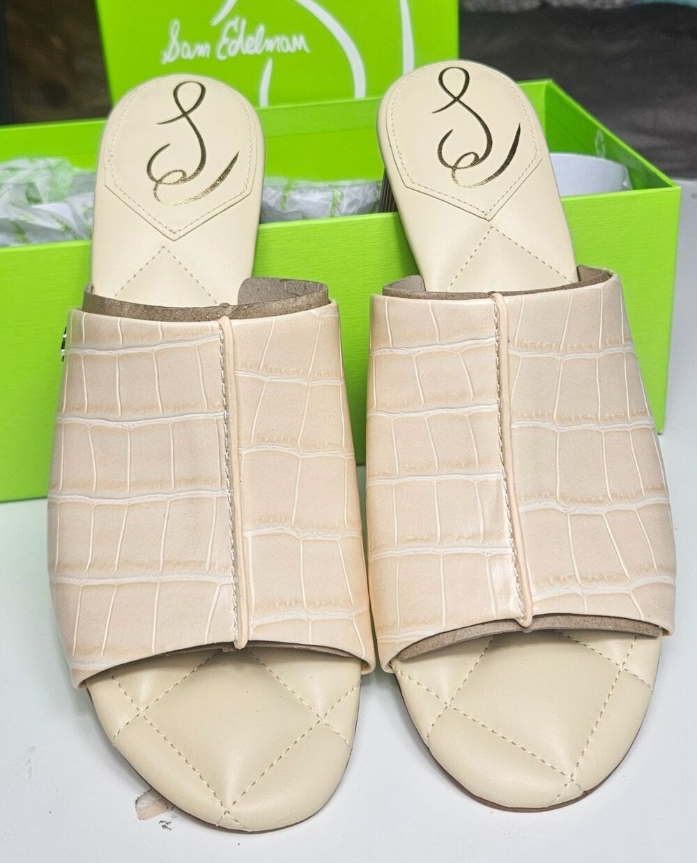 Sam Edelman Sonya Eggshell Sandal Block Heel Croc-Embossed Vegan Leather 8 M NIB - Picture 2 of 10
